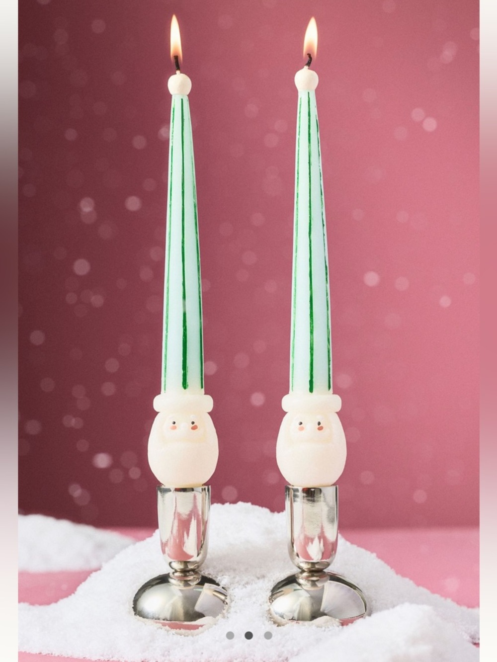 Anthropologie Green & White Santa Taper Candles